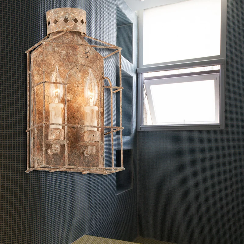 Country Candle Sconce Light Armatuur 2-lamps metalen wandmontage verlichting roest voor binnen met kooi Clearhalo