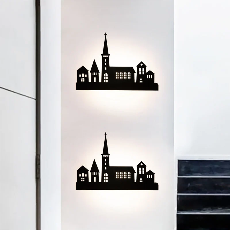 Creatieve kasteelvorm schans licht hout donkere koffie LED-wandkandelaar voor trapbed Clearhalo