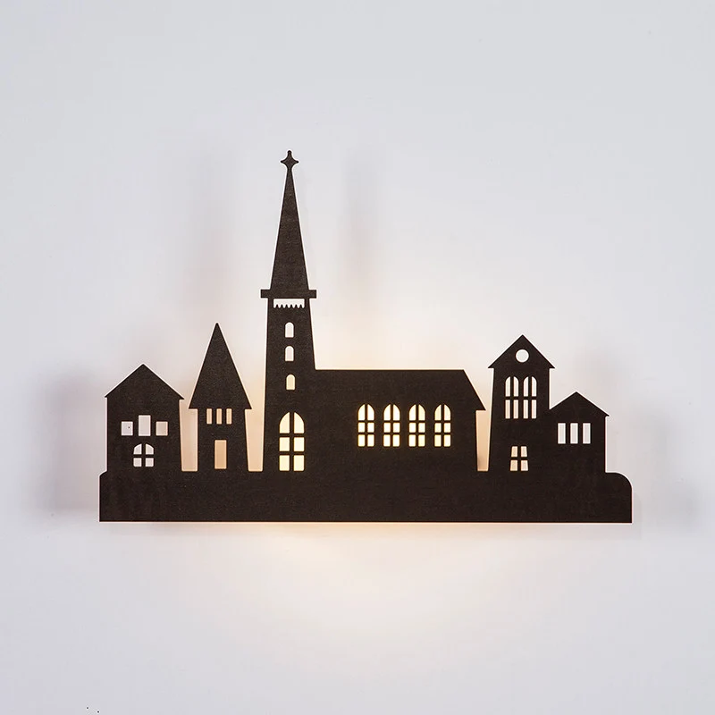 Creatieve kasteelvorm schans licht hout donkere koffie LED-wandkandelaar voor trapbed Clearhalo