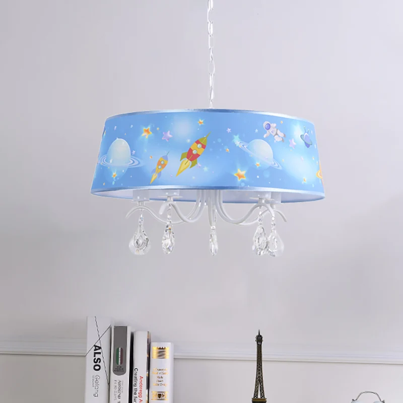 Creatieve Planet & Rocket hangende hanglamp met heldere kristallen metalen kroonluchter blauw voor de babykamer Clearhalo