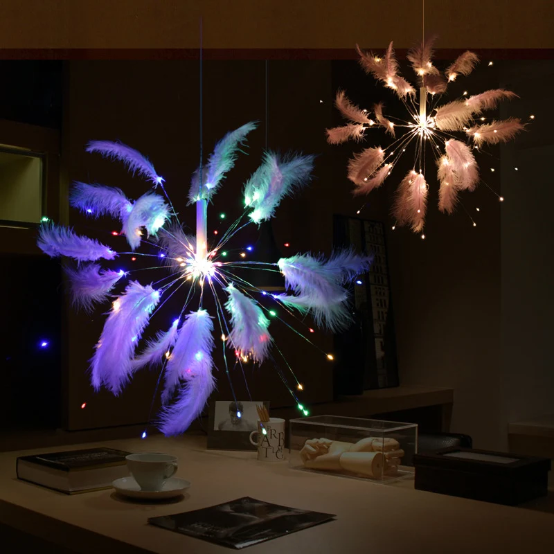 Creatieve vuurwerk-nachttafellamp Feather slaapkamer batterij/USB LED-bureaulamp roze, warm/meerkleurig licht Clearhalo