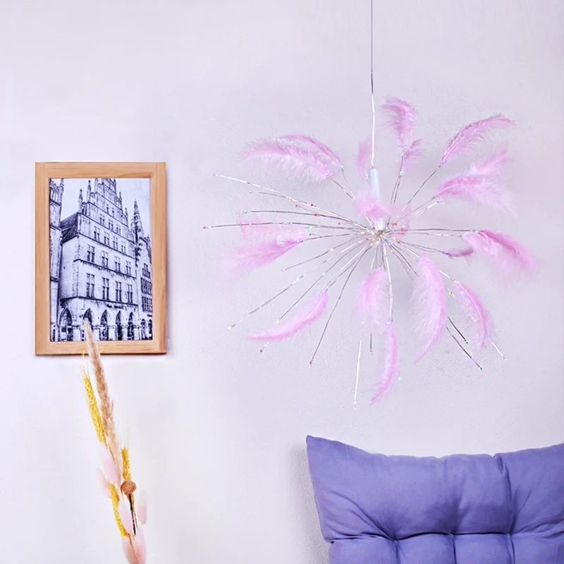 Creatieve vuurwerk-nachttafellamp Feather slaapkamer batterij/USB LED-bureaulamp roze, warm/meerkleurig licht Clearhalo