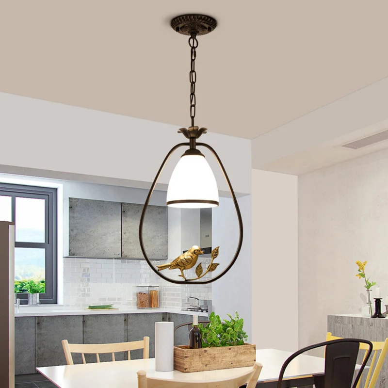 Crème glazen bel hanglamp Cottage enkele eetkamer hangende plafondlamp met vogeldecor zwart Clearhalo