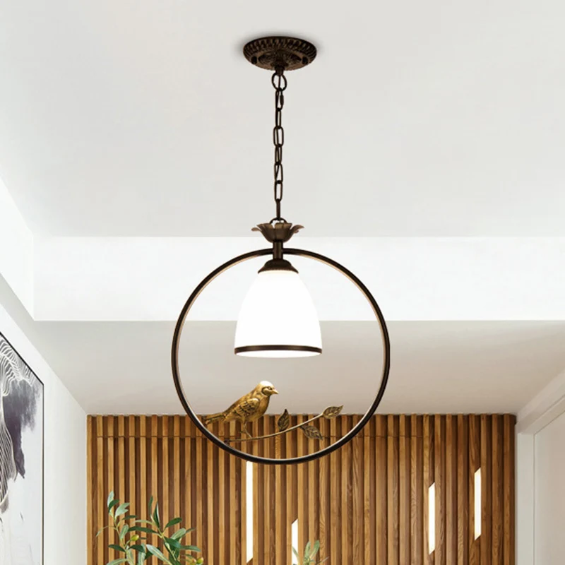 Crème glazen bel hanglamp Cottage enkele eetkamer hangende plafondlamp met vogeldecor zwart Clearhalo