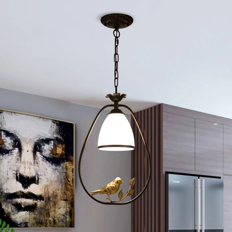 Crème glazen bel hanglamp Cottage enkele eetkamer hangende plafondlamp met vogeldecor zwart Clearhalo