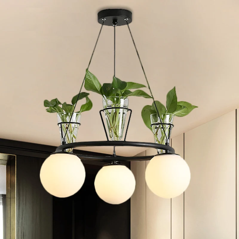 Crèmekleurige glazen bol plafondkroonluchter Warehouse 3/5-lichts eetkamer hanglampenset zwart met metalen ringontwerp Cle...
