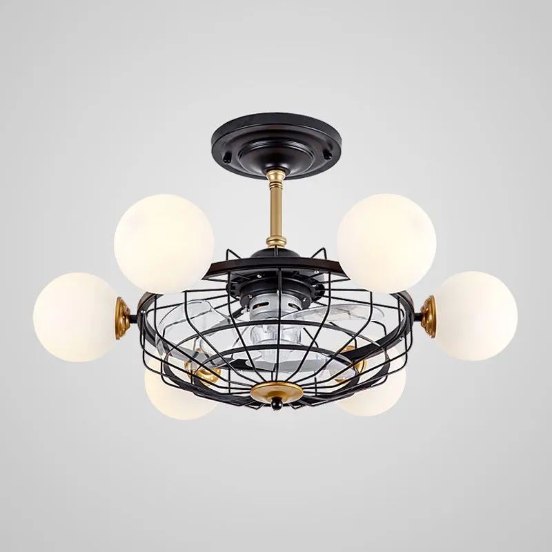 Crèmekleurige glazen bol semi-inbouwlamp eigentijds 6-kops 29,5" W plafondventilatorlamp met zwarte kooi, 3-bladig Clearhalo