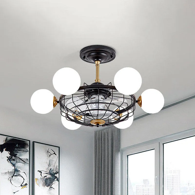 Crèmekleurige glazen bol semi-inbouwlamp eigentijds 6-kops 29,5" W plafondventilatorlamp met zwarte kooi, 3-bladig Clearhalo