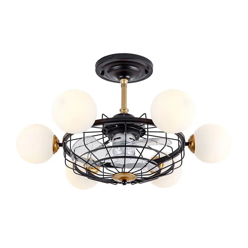 Crèmekleurige glazen bol semi-inbouwlamp eigentijds 6-kops 29,5" W plafondventilatorlamp met zwarte kooi, 3-bladig Clearhalo