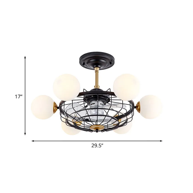 Crèmekleurige glazen bol semi-inbouwlamp eigentijds 6-kops 29,5" W plafondventilatorlamp met zwarte kooi, 3-bladig Clearhalo