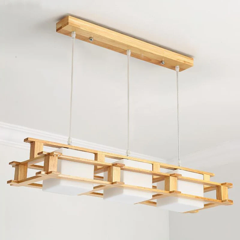 Crèmekleurige glazen kubus hangende hanglamp Moderne 3-kops houten eilandverlichtingsarmatuur Clearhalo