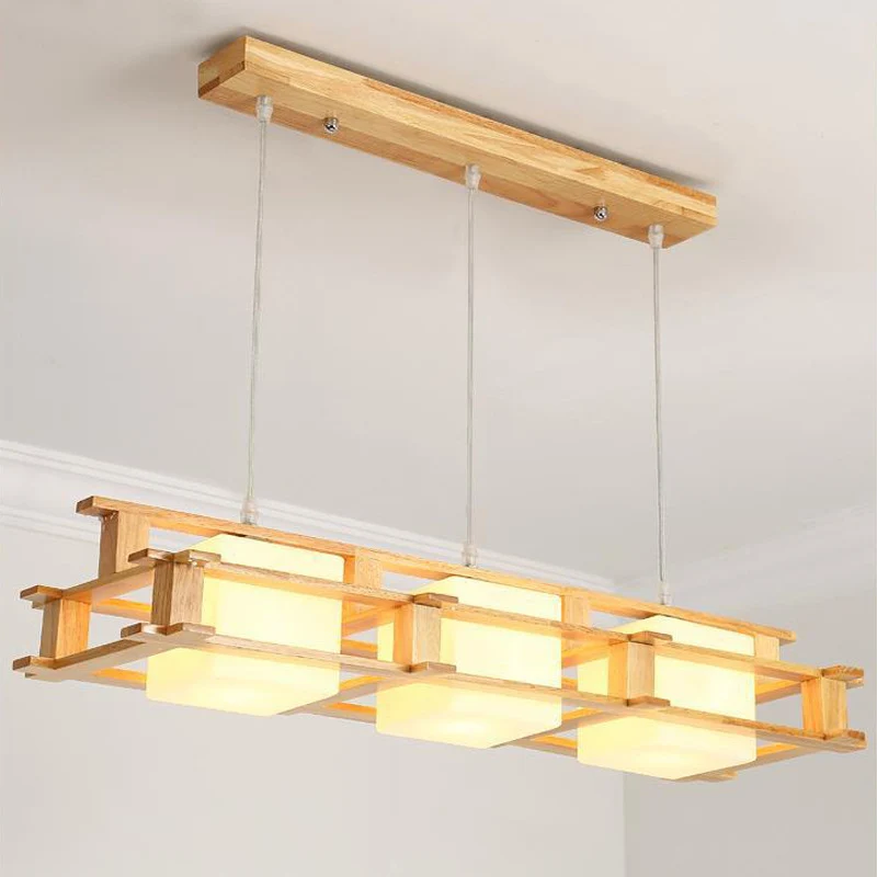 Crèmekleurige glazen kubus hangende hanglamp Moderne 3-kops houten eilandverlichtingsarmatuur Clearhalo