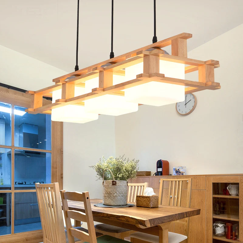Crèmekleurige glazen kubus hangende hanglamp Moderne 3-kops houten eilandverlichtingsarmatuur Clearhalo