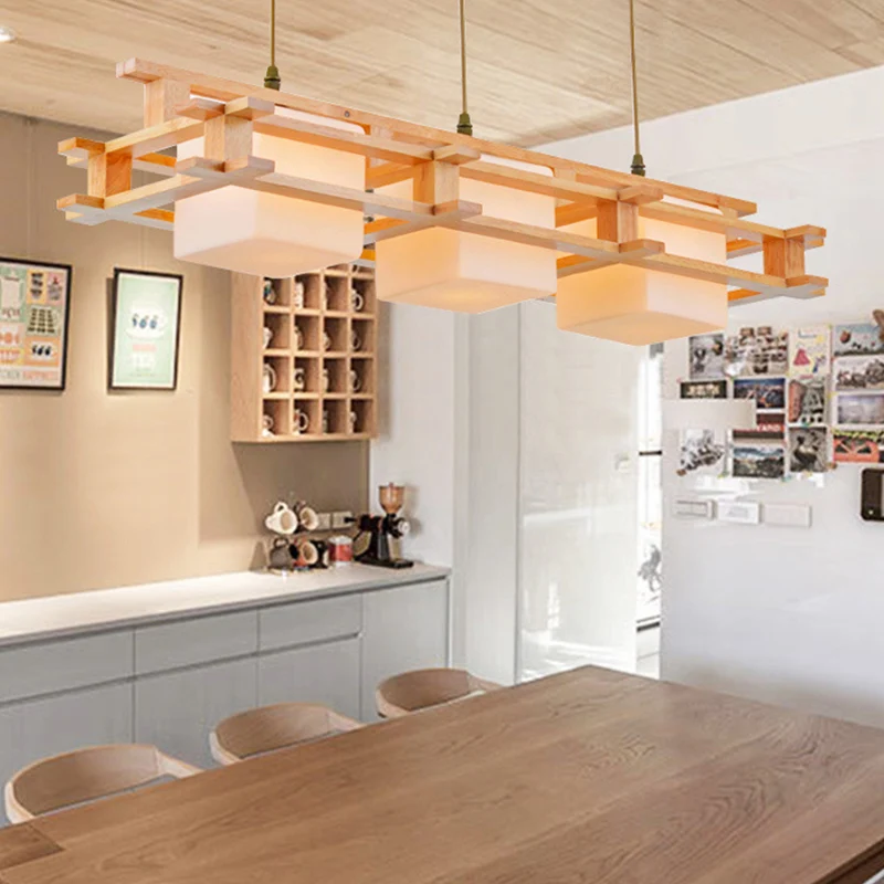 Crèmekleurige glazen kubus hangende hanglamp Moderne 3-kops houten eilandverlichtingsarmatuur Clearhalo
