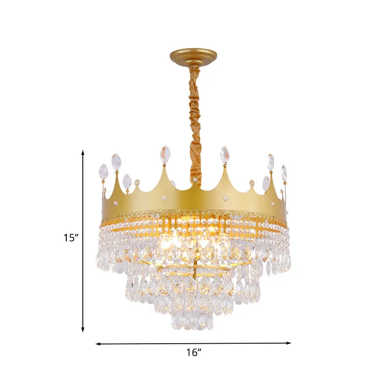 Crown Slaapkamer Kroonluchter Metallic 2/4/6 Heads Kinderhanglamp goud met Crystal Drop Deco Clearhalo