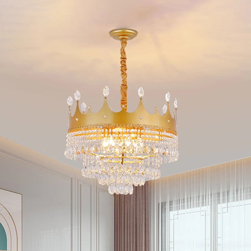 Crown Slaapkamer Kroonluchter Metallic 2/4/6 Heads Kinderhanglamp goud met Crystal Drop Deco Clearhalo