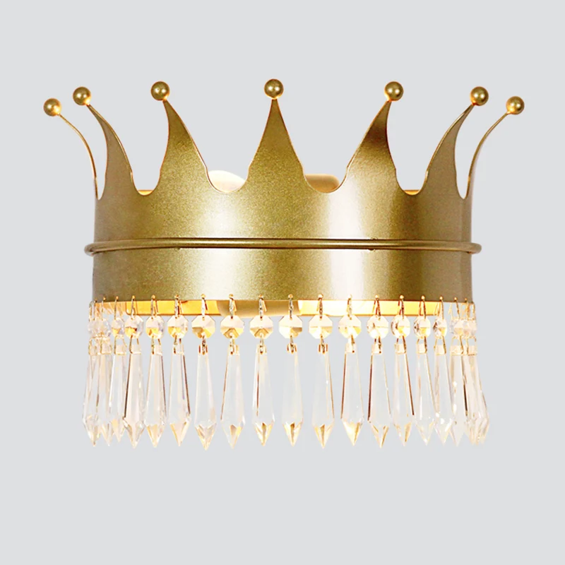 Crown Wandlamp Sconce Retrostijl Metallic 1-kops Parlor Wandmontage Verlichting met hangend kristal goud Clearhalo