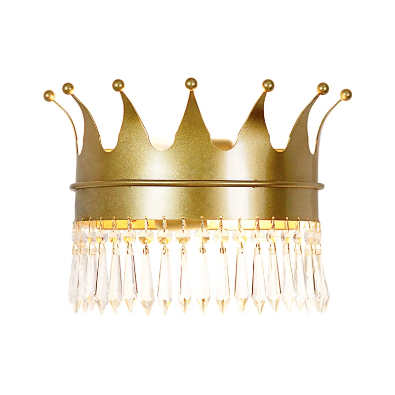 Crown Wandlamp Sconce Retrostijl Metallic 1-kops Parlor Wandmontage Verlichting met hangend kristal goud Clearhalo