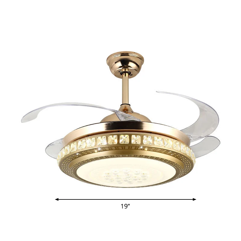 Crystal Block Circle Semi Flush Eenvoudige 19-inch brede LED-hangende ventilatorlamp goud met 4 bladen Clearhalo