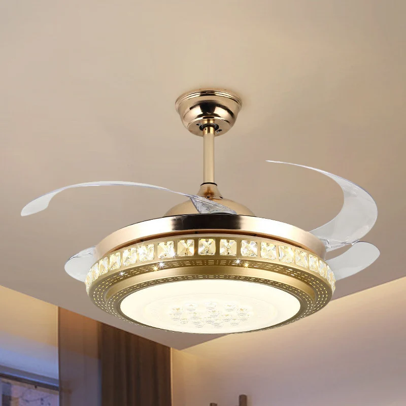 Crystal Block Circle Semi Flush Eenvoudige 19-inch brede LED-hangende ventilatorlamp goud met 4 bladen Clearhalo