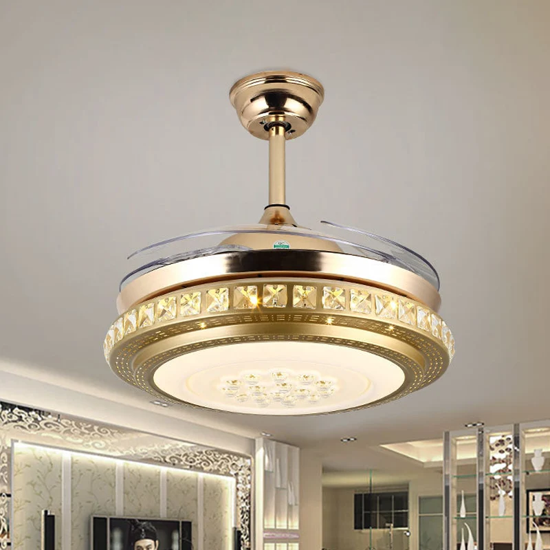 Crystal Block Circle Semi Flush Eenvoudige 19-inch brede LED-hangende ventilatorlamp goud met 4 bladen Clearhalo