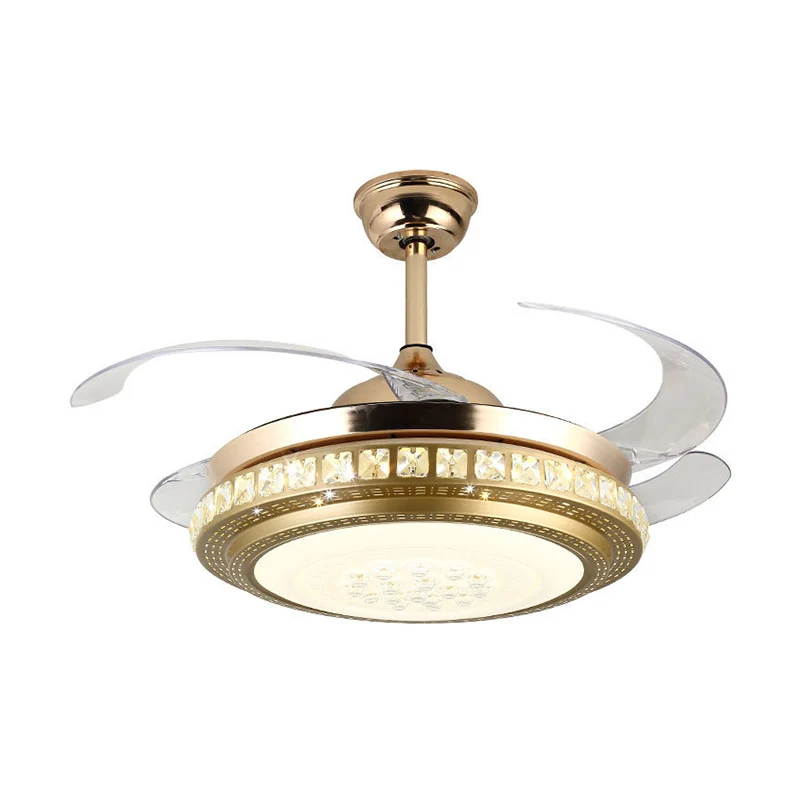 Crystal Block Circle Semi Flush Eenvoudige 19-inch brede LED-hangende ventilatorlamp goud met 4 bladen Clearhalo