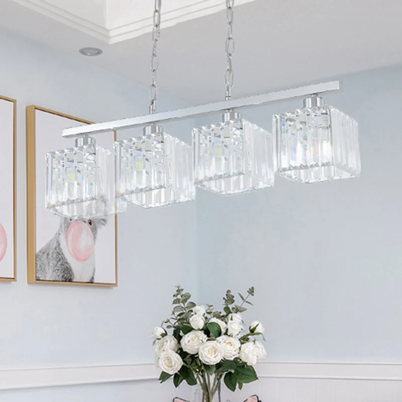 Crystal Block Kubieke Hanglamp Kit Eenvoudige Stijl 4 Lichten Chrome Island Lichtarmatuur Clearhalo