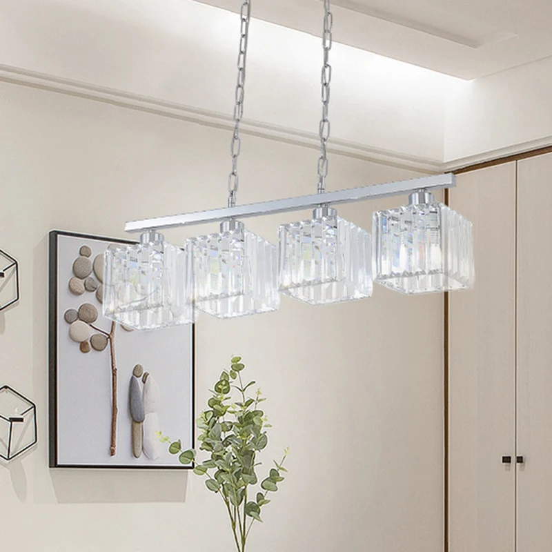 Crystal Block Kubieke Hanglamp Kit Eenvoudige Stijl 4 Lichten Chrome Island Lichtarmatuur Clearhalo
