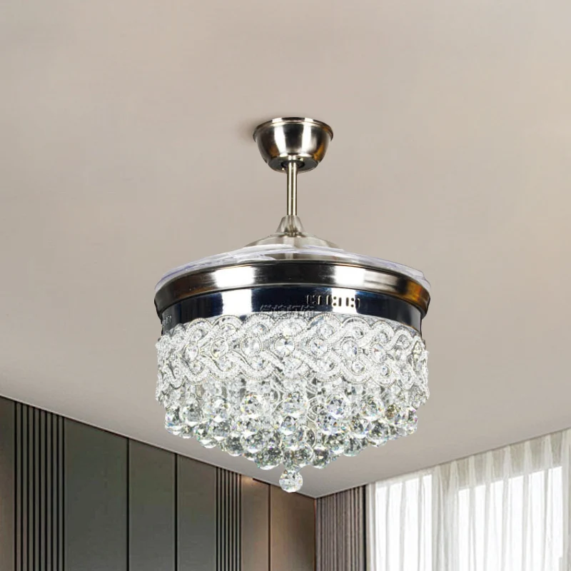 Crystal Orbs taps toelopend semi-inbouwlicht modernisme LED zilveren plafondventilatorlamp met 4 bladen, 16" breed Clearhalo