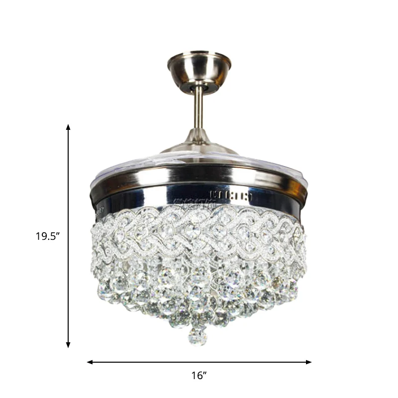 Crystal Orbs taps toelopend semi-inbouwlicht modernisme LED zilveren plafondventilatorlamp met 4 bladen, 16" breed Clearhalo