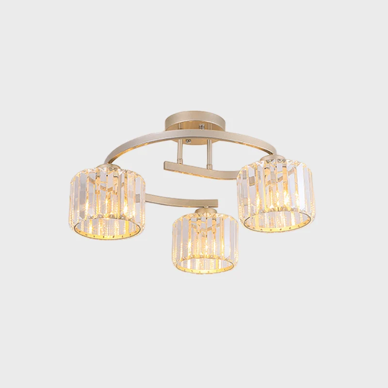 Crystal Prism Cup Semi Flush Kroonluchter Hedendaagse 3-hoofds slaapkamer plafondmontagelamp met gouden gebogen arm Clearhalo