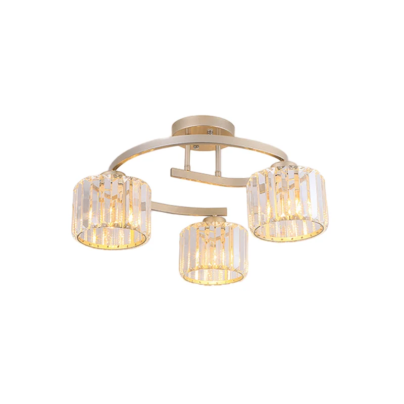 Crystal Prism Cup Semi Flush Kroonluchter Hedendaagse 3-hoofds slaapkamer plafondmontagelamp met gouden gebogen arm Clearhalo