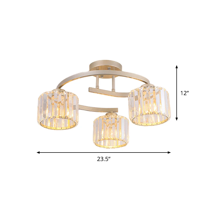 Crystal Prism Cup Semi Flush Kroonluchter Hedendaagse 3-hoofds slaapkamer plafondmontagelamp met gouden gebogen arm Clearhalo