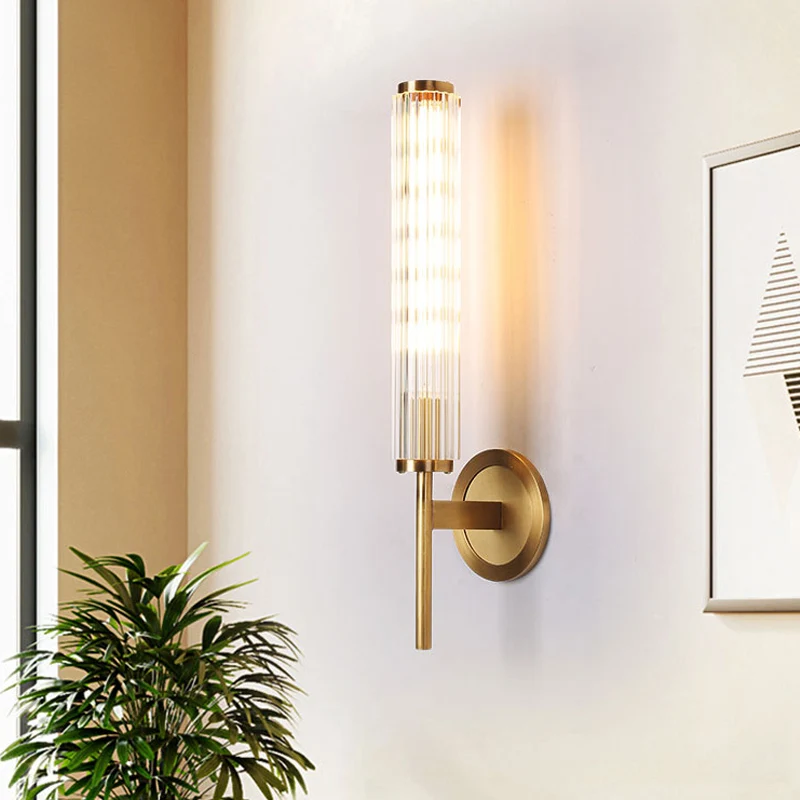 Crystal Rod Cilinder Wandlamp Hedendaags 1-lichts Messing Wandmontagelamp Clearhalo
