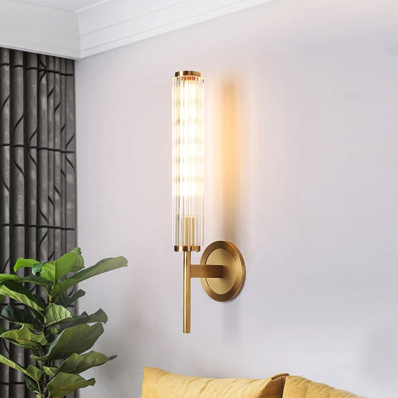 Crystal Rod Cilinder Wandlamp Hedendaags 1-lichts Messing Wandmontagelamp Clearhalo
