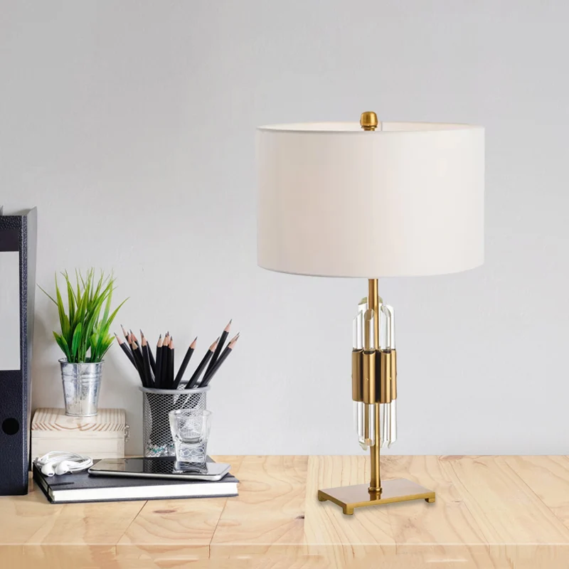 Crystal Rod nachtkastje licht postmoderne enkele witte en gouden tafellamp met trommelstof kap Clearhalo