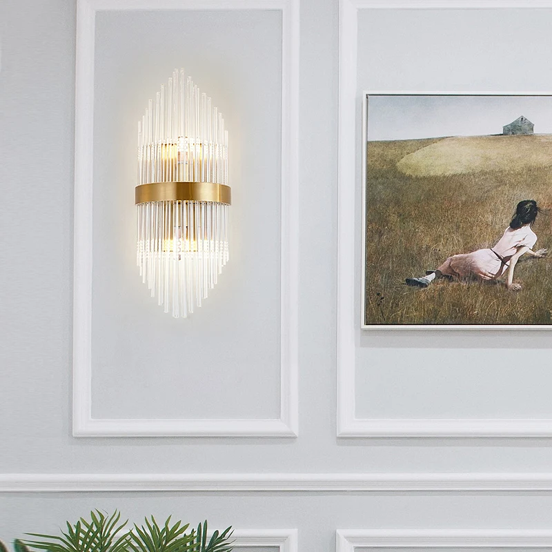 Crystal Rod Shield Wall Mount Light Postmodern 2/3 Heads Gold Sconce Light Armatuur voor woonkamer Clearhalo