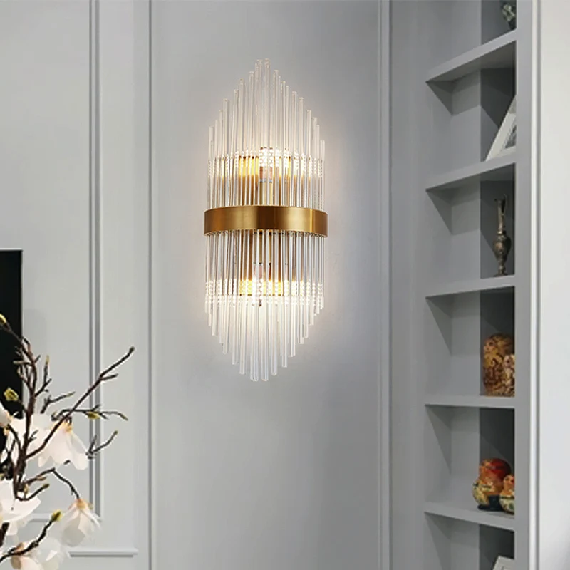 Crystal Rod Shield Wall Mount Light Postmodern 2/3 Heads Gold Sconce Light Armatuur voor woonkamer Clearhalo