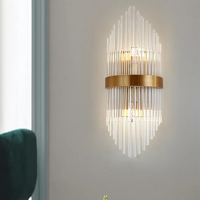 Crystal Rod Shield Wall Mount Light Postmodern 2/3 Heads Gold Sconce Light Armatuur voor woonkamer Clearhalo