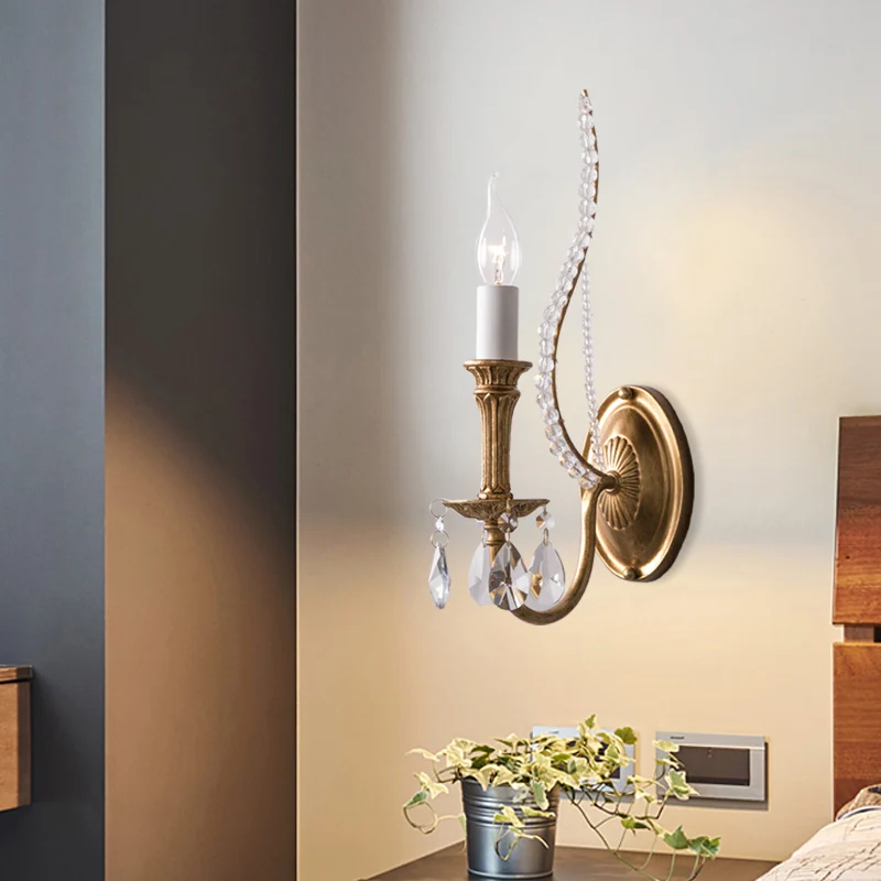 Crystal Strand Candelabra Wandverlichting Country 1/2-Head Slaapkamer Wandmontage Lichtarmatuur goud Clearhalo