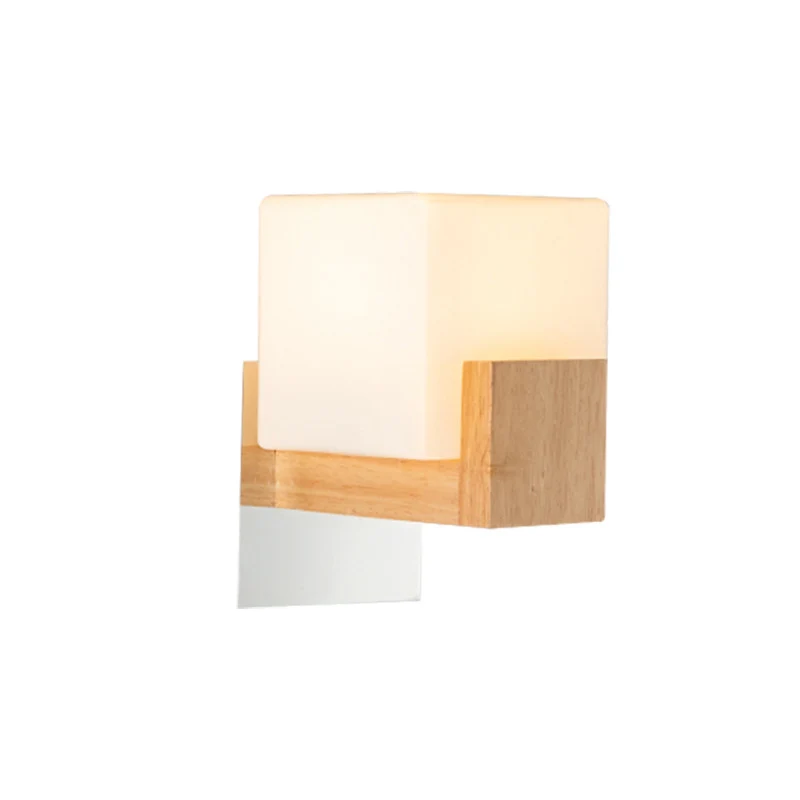 Cube nachtkastje wandkandelaar wit glas enkele moderne stijl wandverlichtingsarmatuur met houten achterplaat Clearhalo