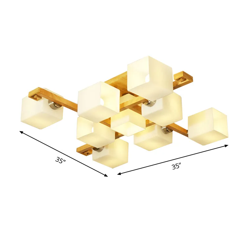 Cube Shade Woonkamerplafondlamp Opaalglas en hout Moderne LED-plafondlamp beige Clearhalo
