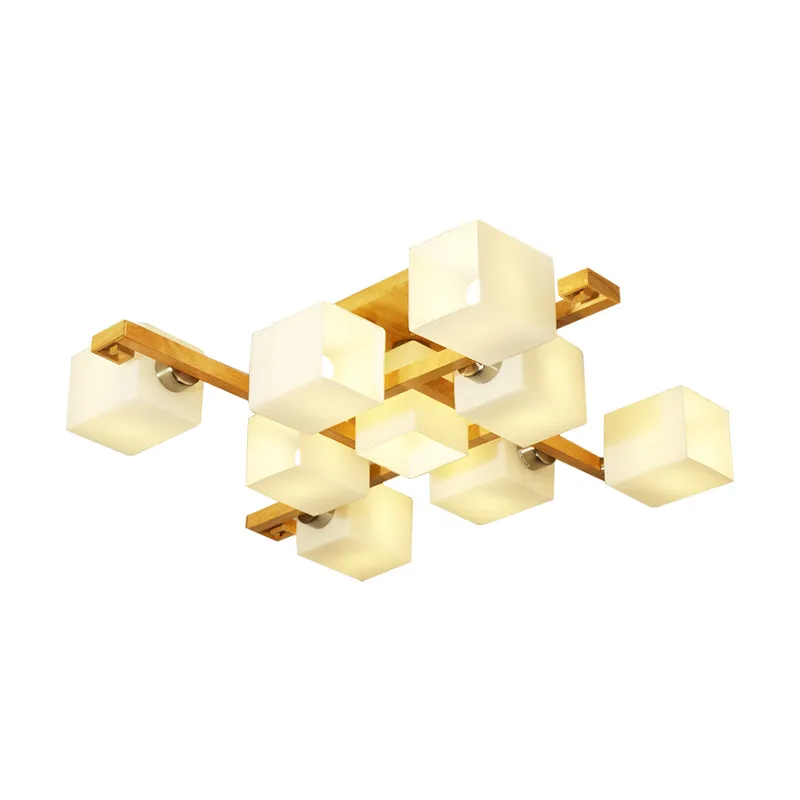 Cube Shade Woonkamerplafondlamp Opaalglas en hout Moderne LED-plafondlamp beige Clearhalo