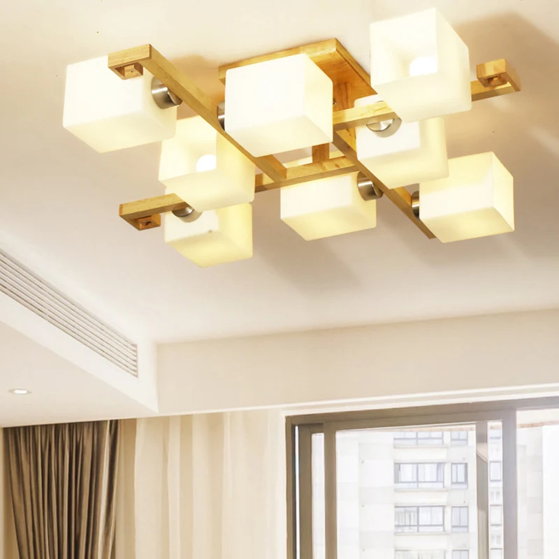 Cube Shade Woonkamerplafondlamp Opaalglas en hout Moderne LED-plafondlamp beige Clearhalo