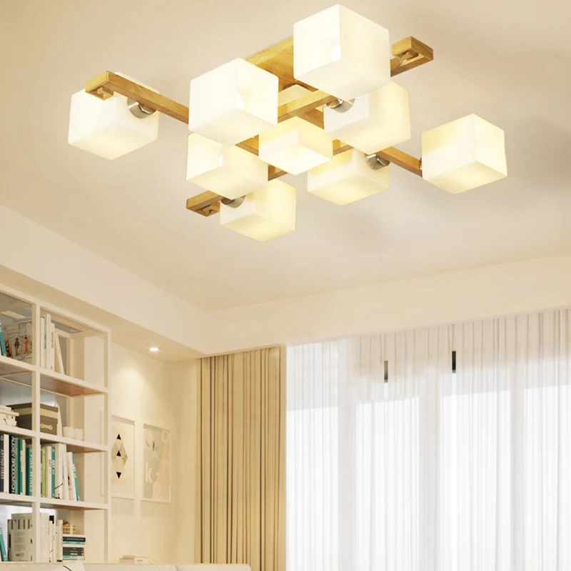 Cube Shade Woonkamerplafondlamp Opaalglas en hout Moderne LED-plafondlamp beige Clearhalo