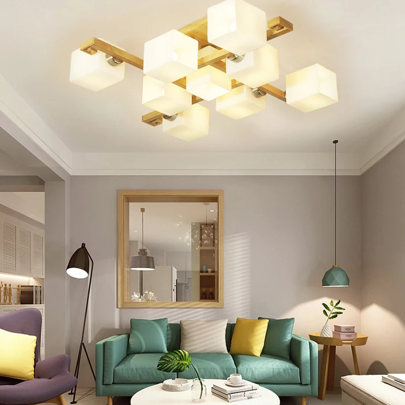 Cube Shade Woonkamerplafondlamp Opaalglas en hout Moderne LED-plafondlamp beige Clearhalo