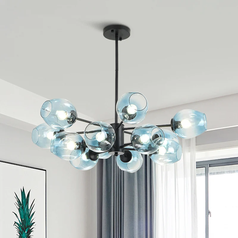 Cup hangende kroonluchter eigentijds blauw glas 12 koppen woonkamer hangend plafondlicht Clearhalo