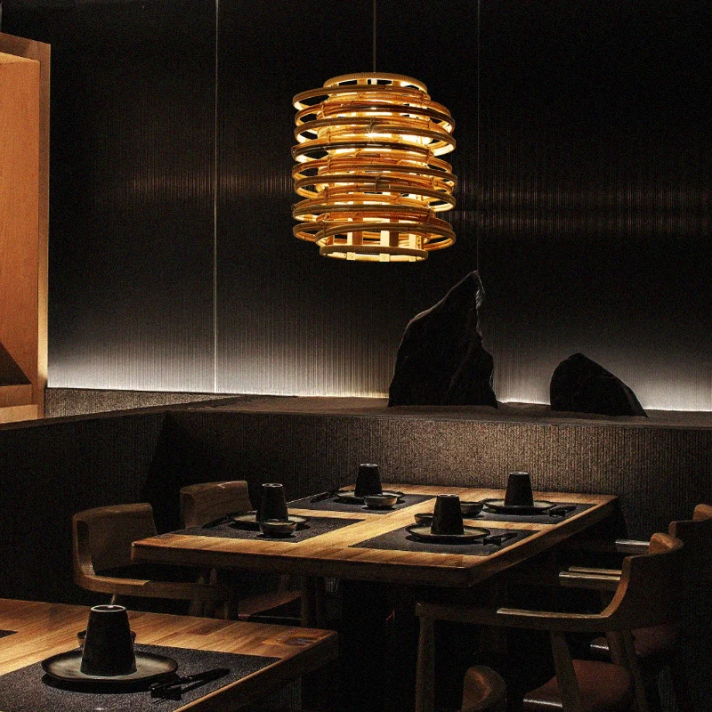 Curl-Bound-plafondlamp Aziatische stijl rotan 1-lamps restaurant hanglamp hout Clearhalo
