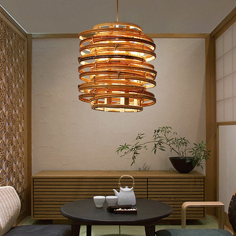 Curl-Bound-plafondlamp Aziatische stijl rotan 1-lamps restaurant hanglamp hout Clearhalo