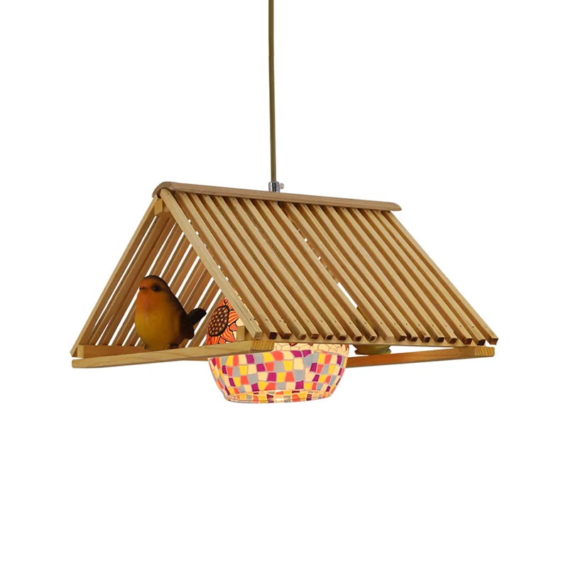 Dakvormige hangende hanglamp moderne stijl hout 1/2-kops beige hanglamp, 16"/19,5" W Clearhalo